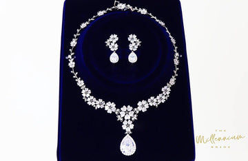 Swarovski Crystal Heart Floral Vine Leaves Necklace, Long Bridal Jewelry, Bridal Earrings And Necklace, Statement Earrings Cz Necklace Set